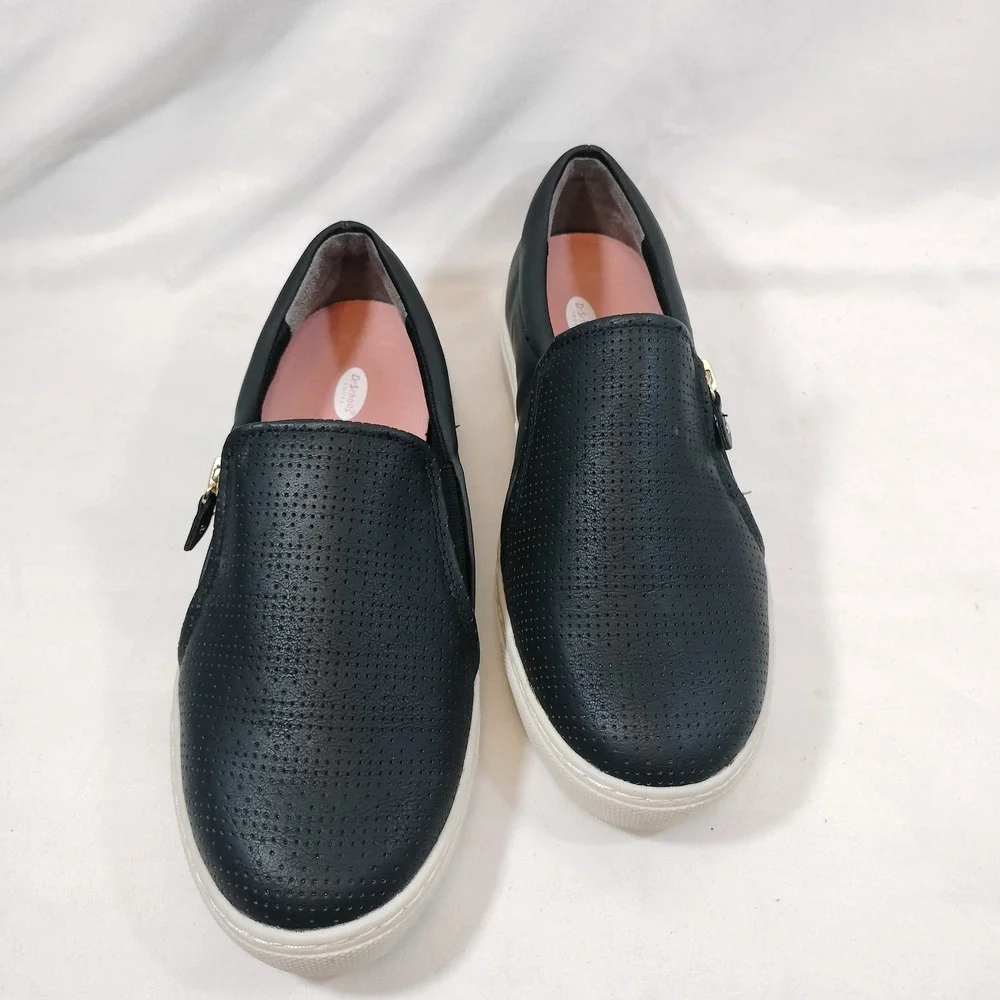 Dr. Scholls Black Slip On Sneakers; Perforated Faux Leather Gold Zip No Chill